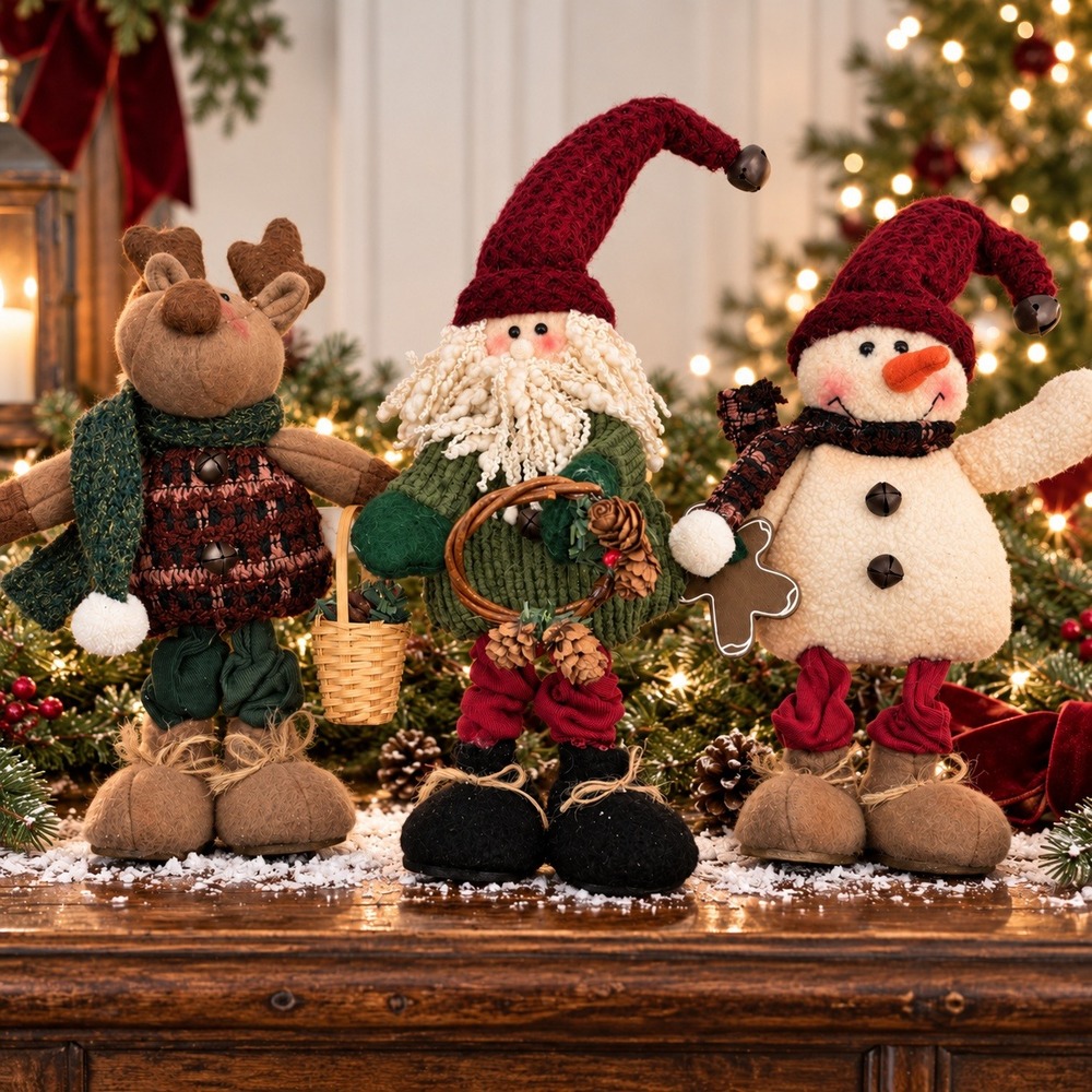 Vtg 90s Dan Dee Christmas Plush Shelf Sitter Santa Moose Snowman Set of 3 Woodsy